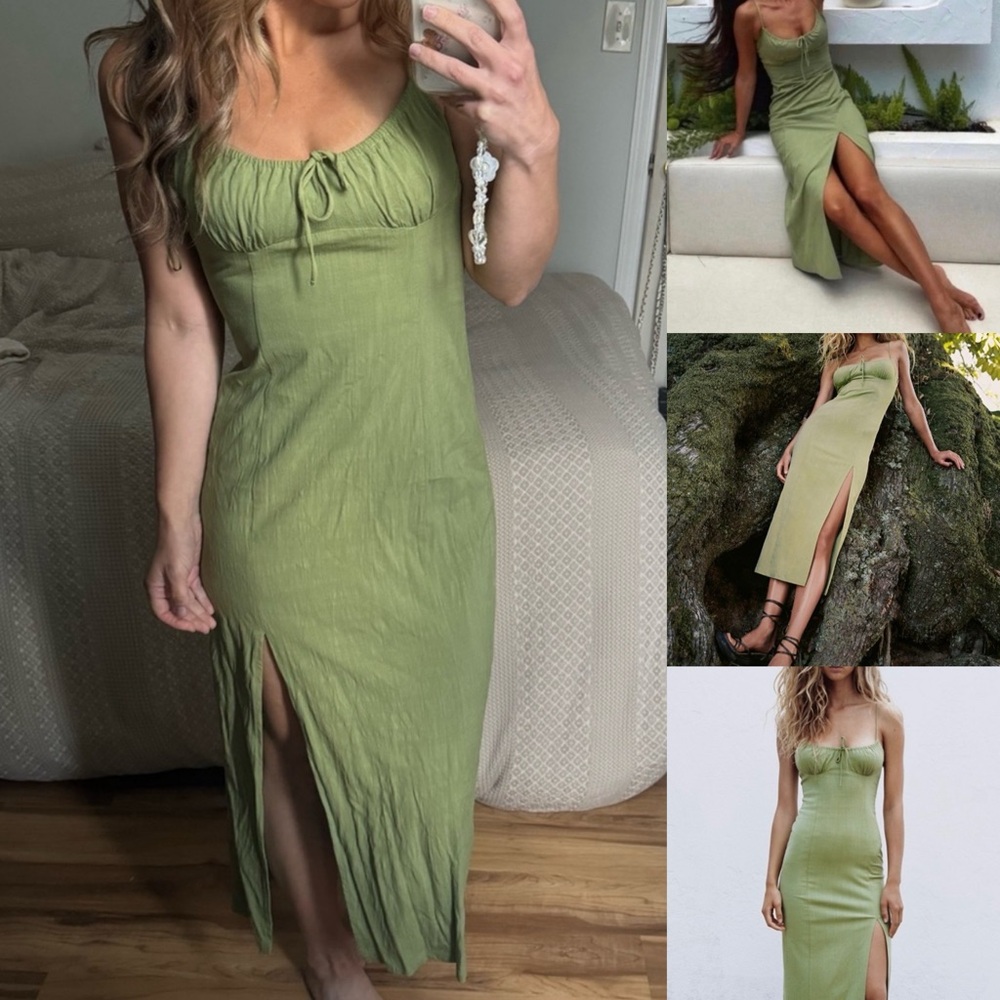 Zara ruched elasticized dress Khaki Green Midi Small blogger slit